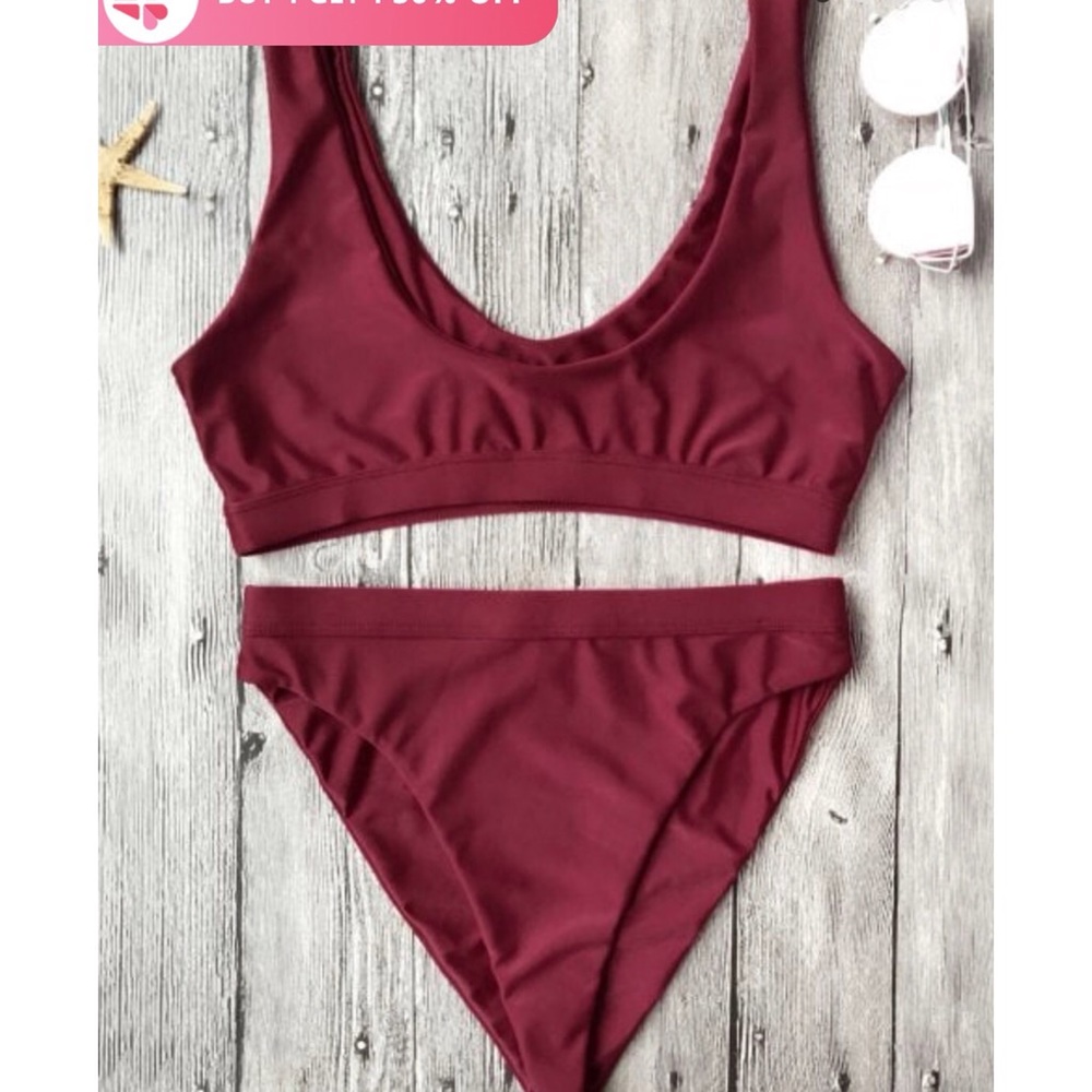 Zaful Burgundy Scoop Neck High Waisted Bikini L
